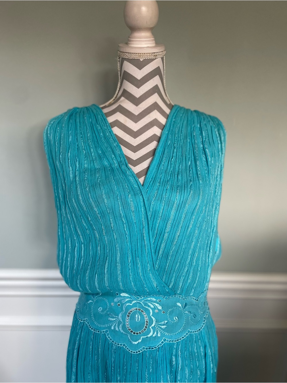 Made in Greece Turquoise Blue Pleated Embellished Waist Maxi Dress Size XL - Picture 4 of 9